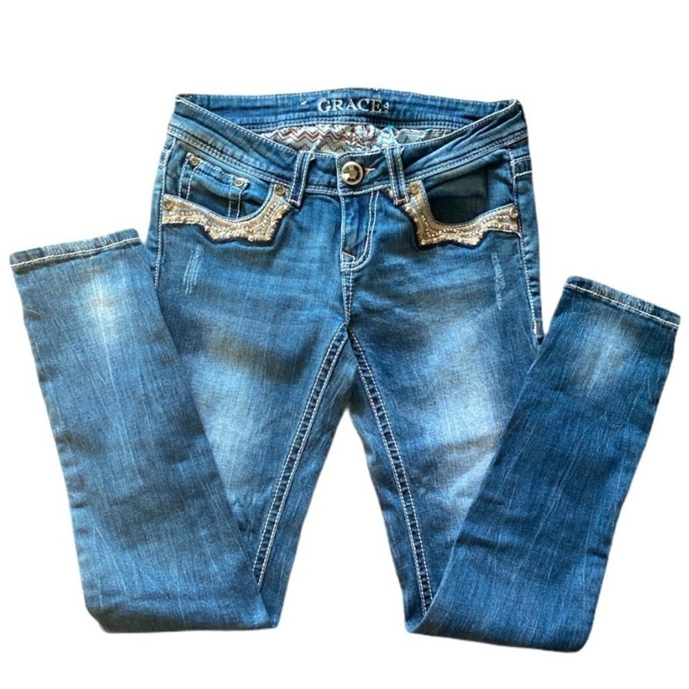 Grace in LA Embellished Jeans‎ Womens Denim Rhinestone Pockets Blue size 26